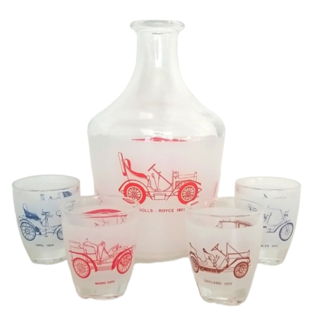 Vintage Mid-Century Classic Cars Shot Glasses with Decanter from France